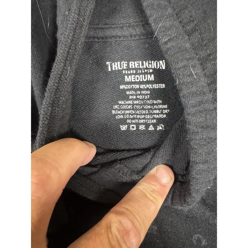 True Religion Men’s Medium Black Monogram Pullover Hoodie Horseshoe Logo